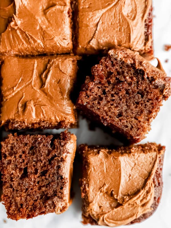 overhead view of slices of dr pepper cake.