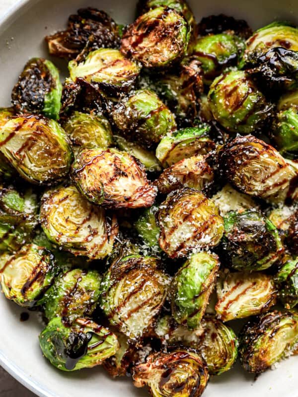 Air Fryer Brussels sprouts in a white dish.