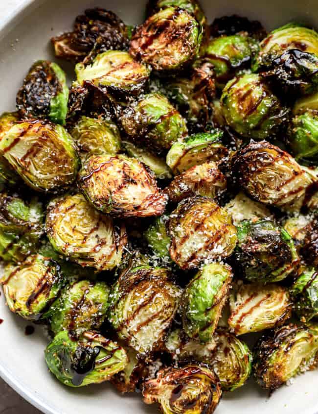 Air Fryer Brussels sprouts in a white dish.