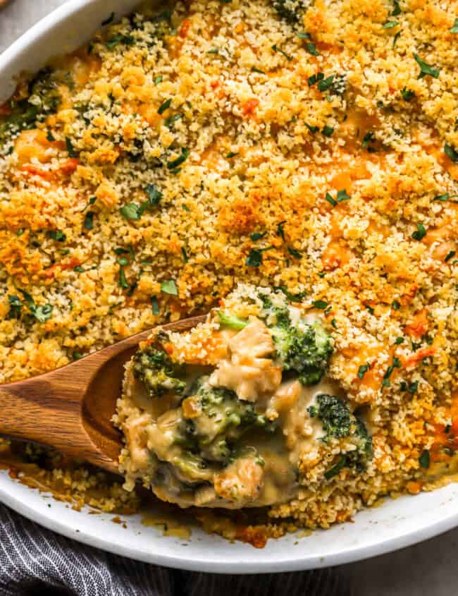 chicken divan with broccoli in a casserole dish.