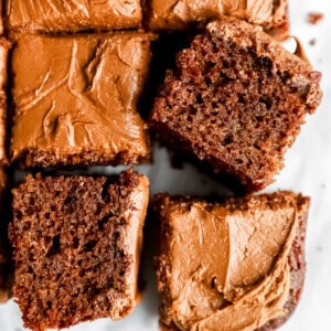 overhead view of slices of dr pepper cake.