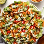 overhead view of southwest salad in a white bowl.