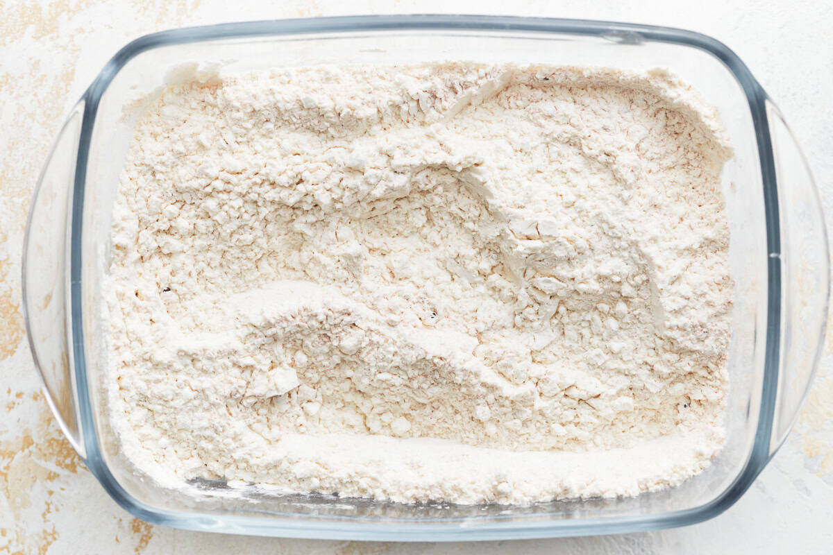 flour in a glass dish.