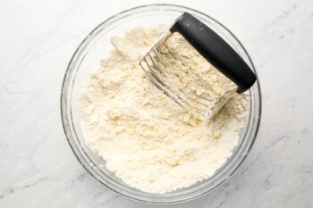 cutting butter into flour with a pastry cutter.