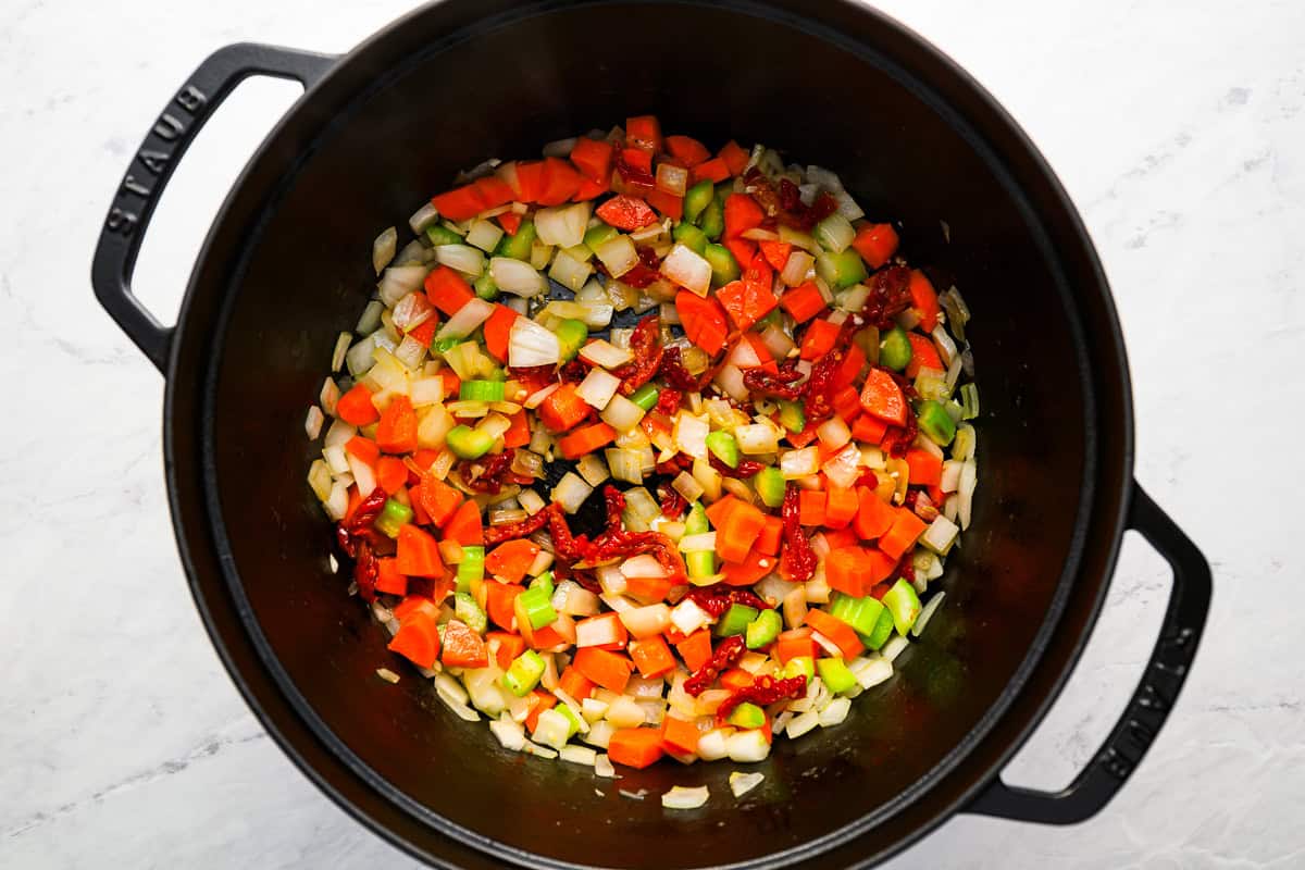 sauteed veggies in a dutch oven.