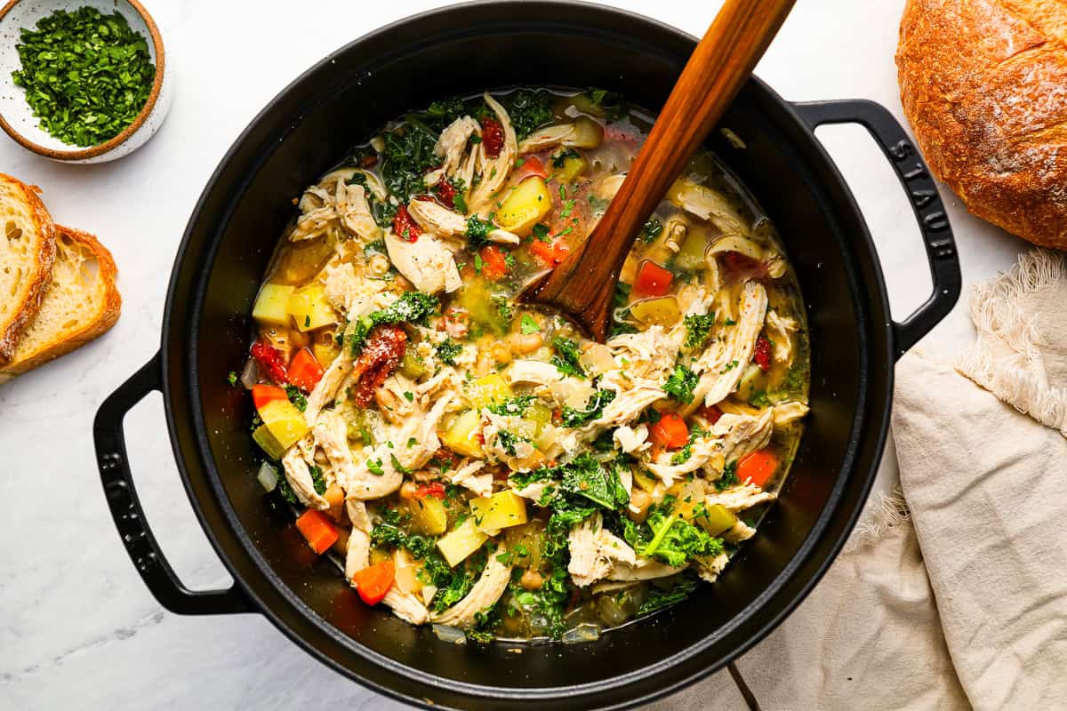 tuscan chicken soup in a dutch oven.