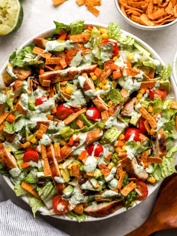 overhead view of southwest salad in a white bowl.