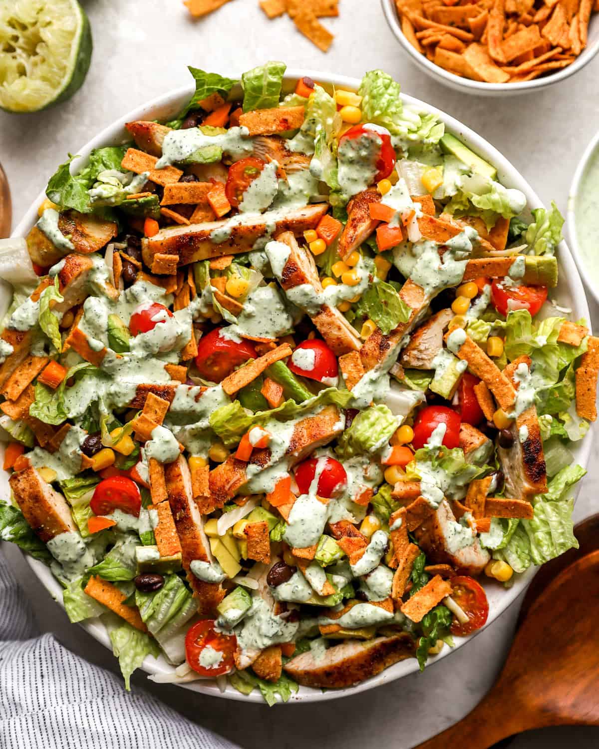 overhead view of southwest salad in a white bowl.