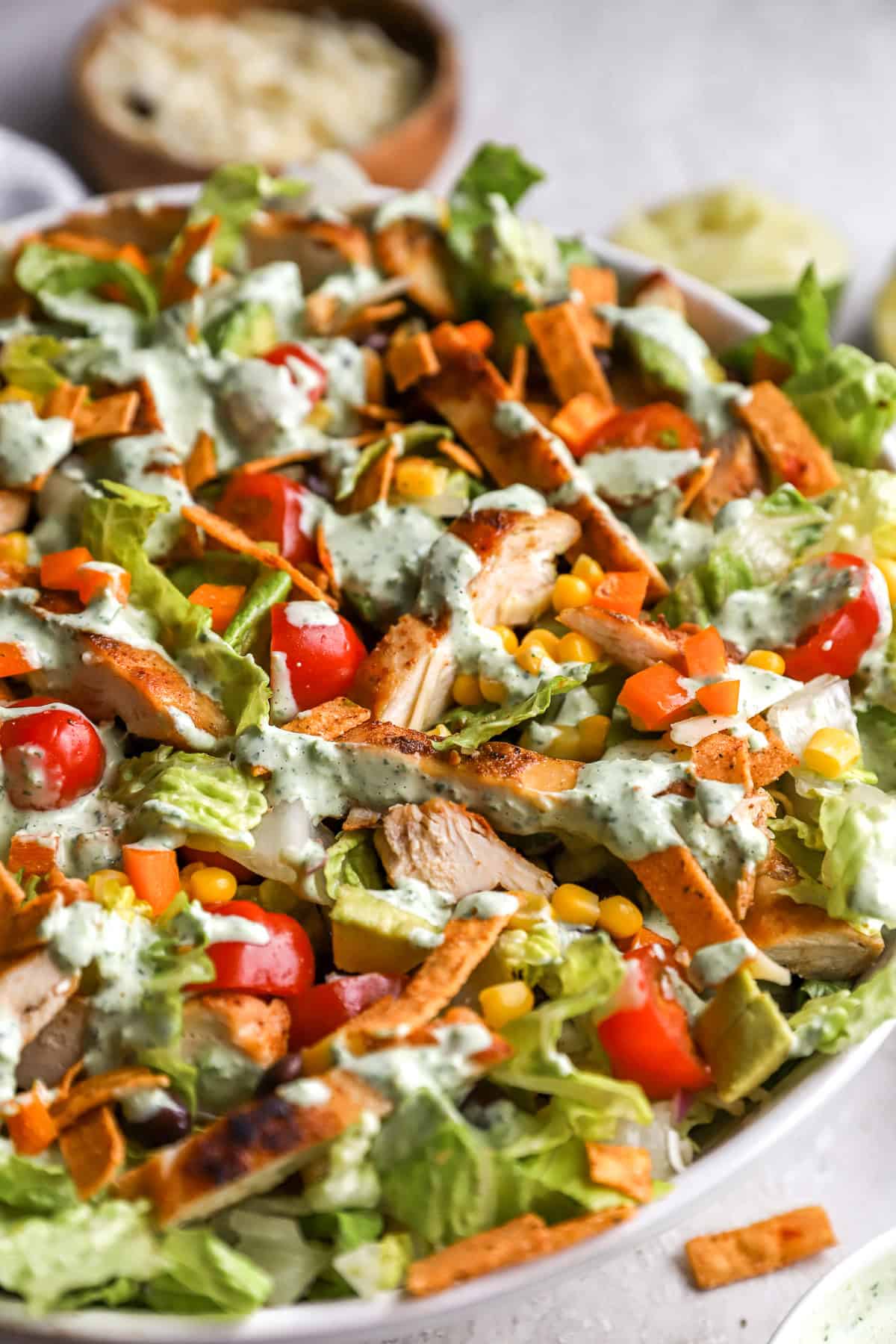 close up view of southwest salad in white bowl.