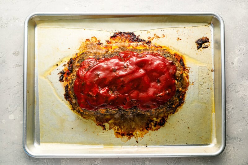 cracker barrel meatloaf on a baking sheet.