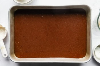 chocolate cake batter in a baking pan.
