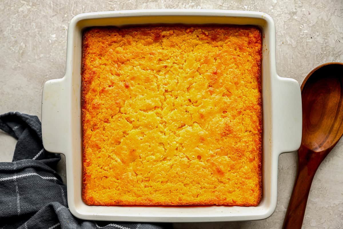 baked Jiffy corn casserole in a baking pan.