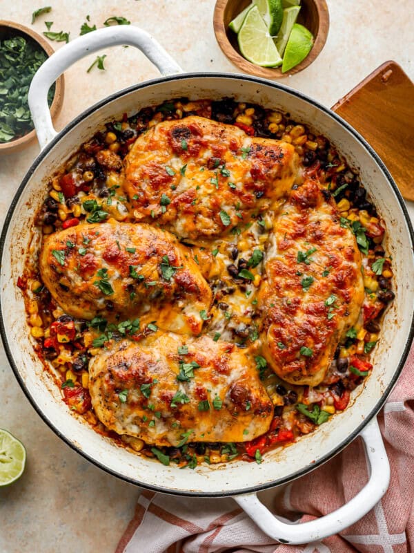 overhead view of cowboy chicken in a pan.