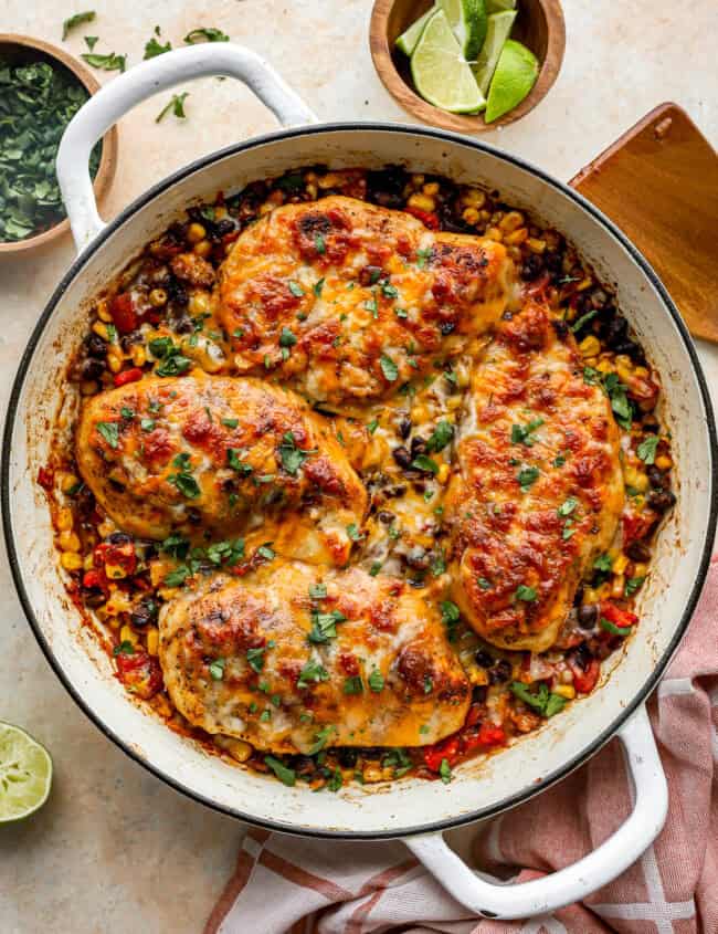 overhead view of cowboy chicken in a pan.