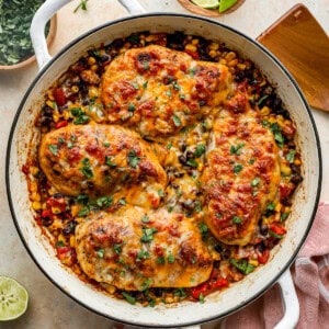 overhead view of cowboy chicken in a pan.