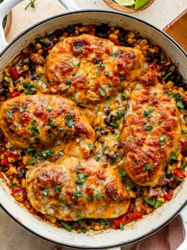 overhead view of cowboy chicken in a pan.