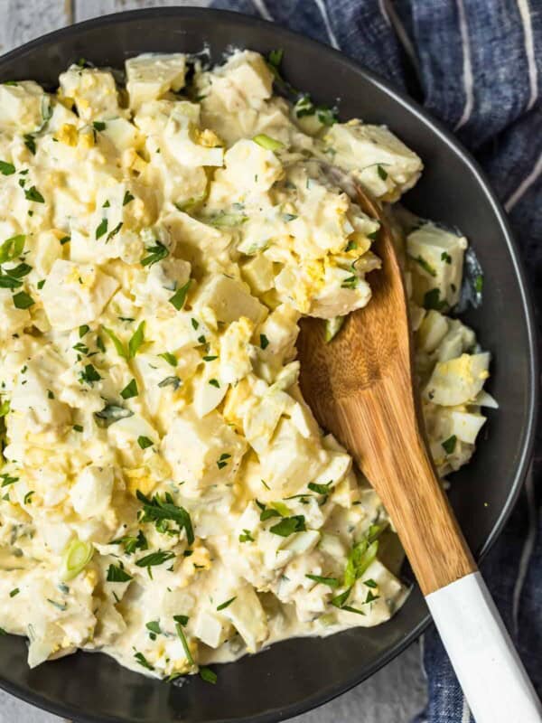 potato salad recipe with wooden spoon