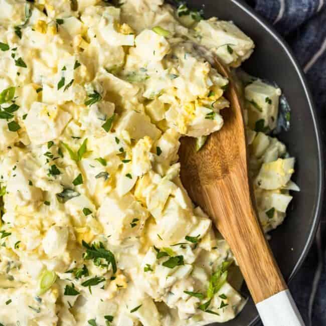 potato salad recipe with wooden spoon