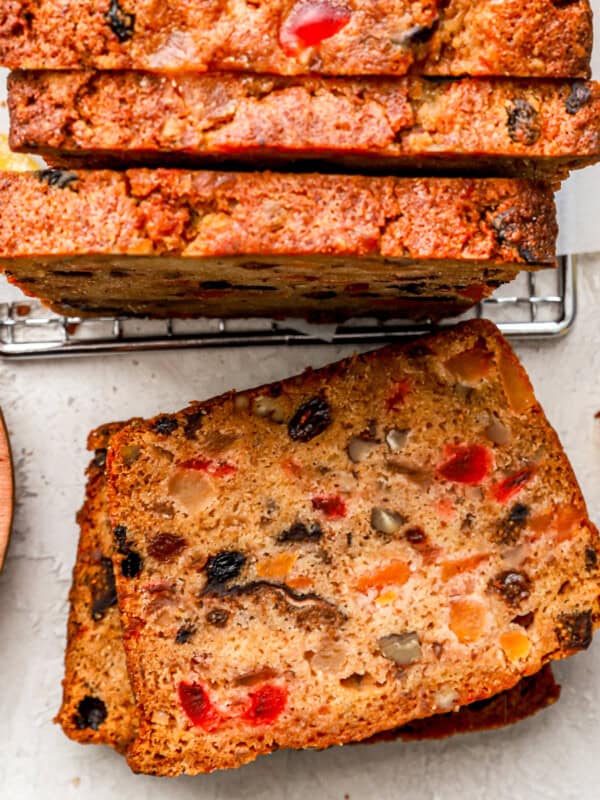 Homemade fruit cake cut into slices.