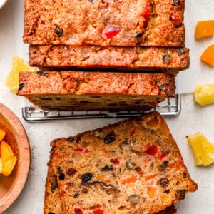 Overhead view of a simple fruitcake.