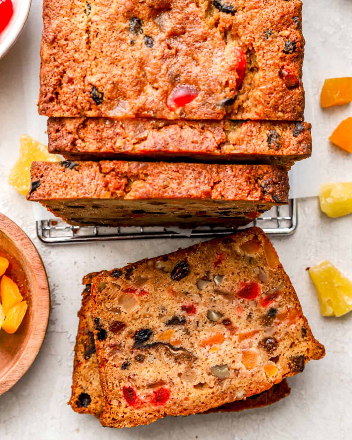 Overhead view of a homemade fruitcake.