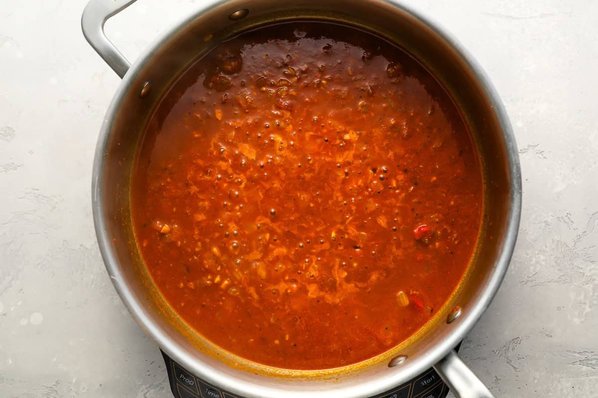 tomato sauce in a pan.