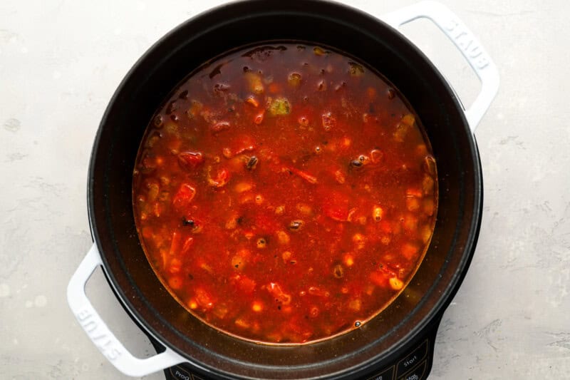 chunky tomato soup in a dutch oven.