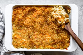 baked mac and cheese in a casserole dish.