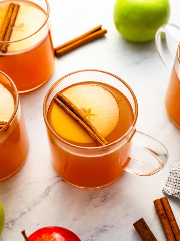 a glass of apple cider topped with an apple slice and a cinnamon stick.