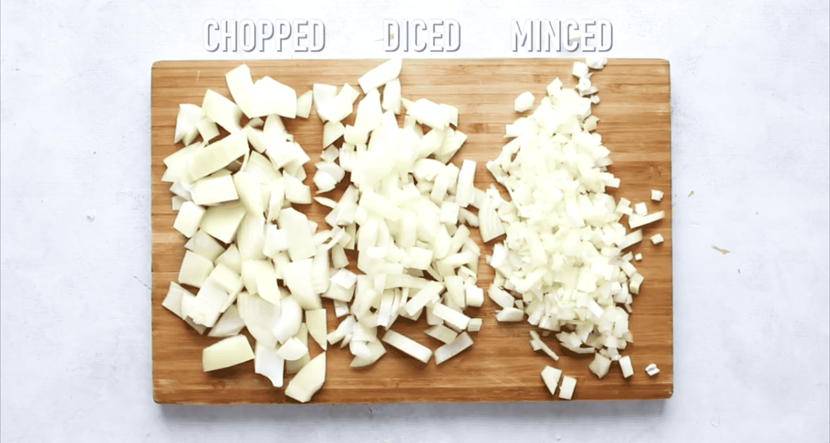 Cut onions arranged on a cutting board, showing the size of chopped onions vs. diced onions, vs. minced onions.