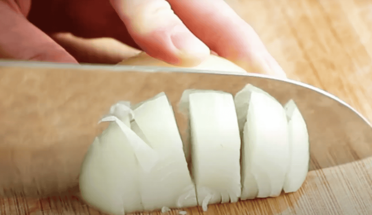 Dicing an onion.