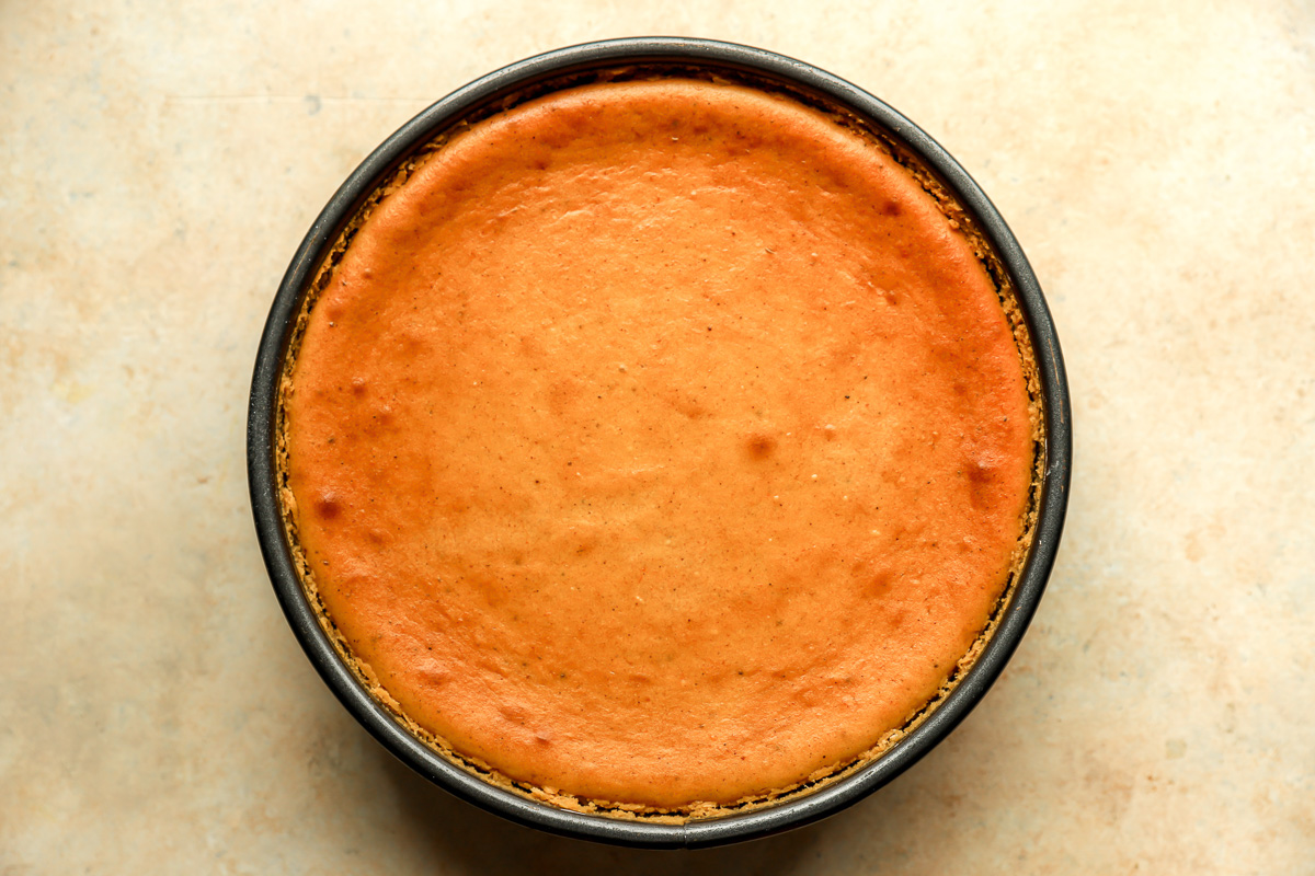 baked pumpkin cheesecake in a springform pan.