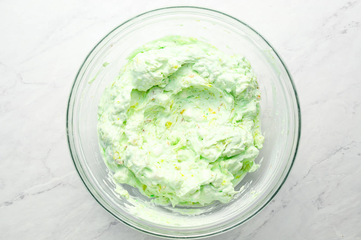 green fluff in a glass bowl.