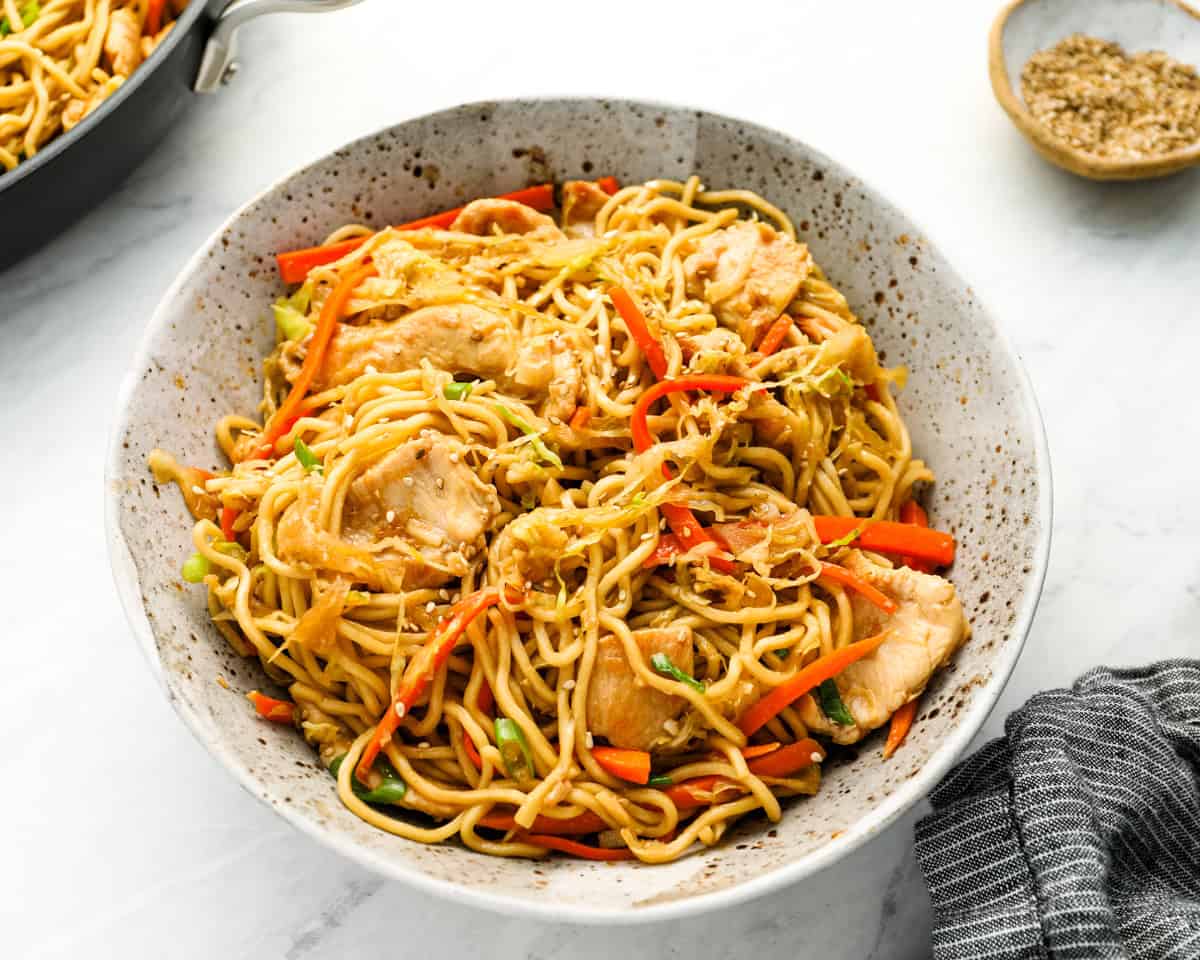 stir fried noodles with veggies and chicken in white speckled bowl