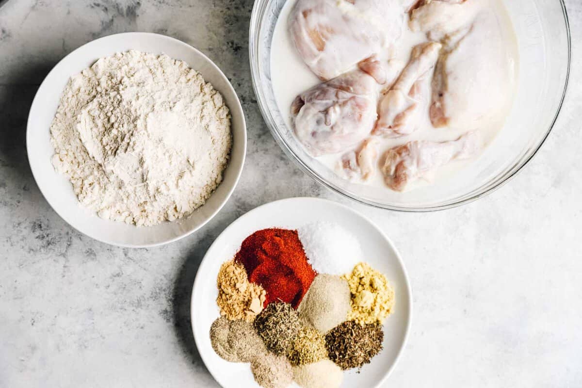 overhead view of ingredients for kentucky fried chicken.