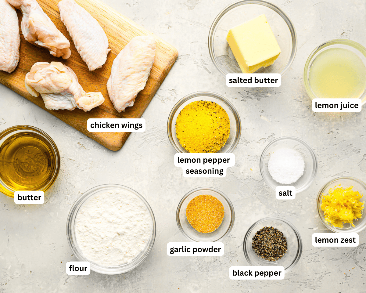 Ingredients for lemon pepper wings with labels.