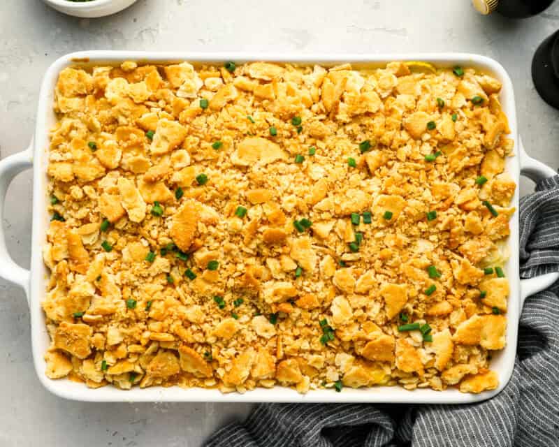 overhead view of squash casserole in a baking dish.