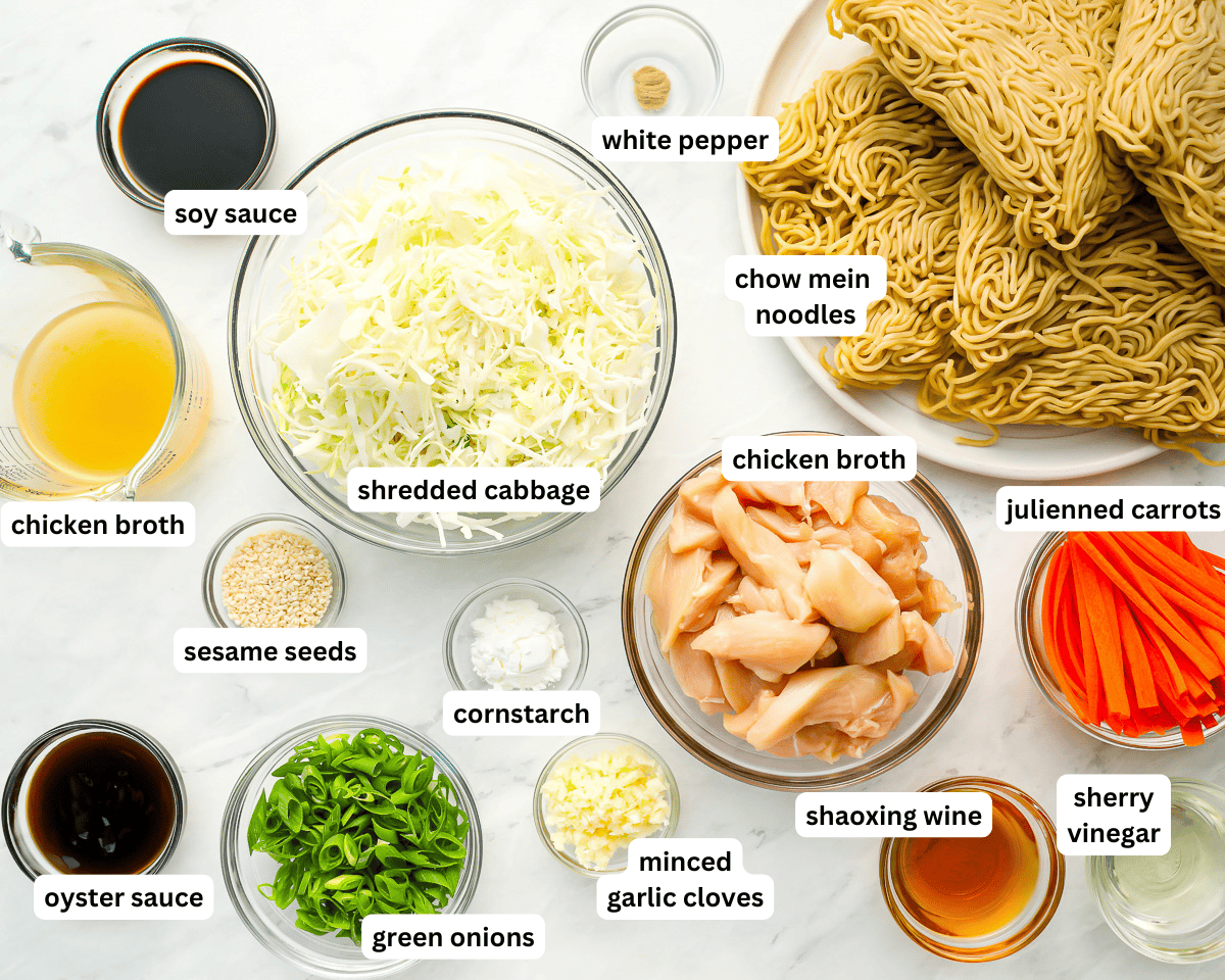 Ingredients for chicken chow mein with labels.