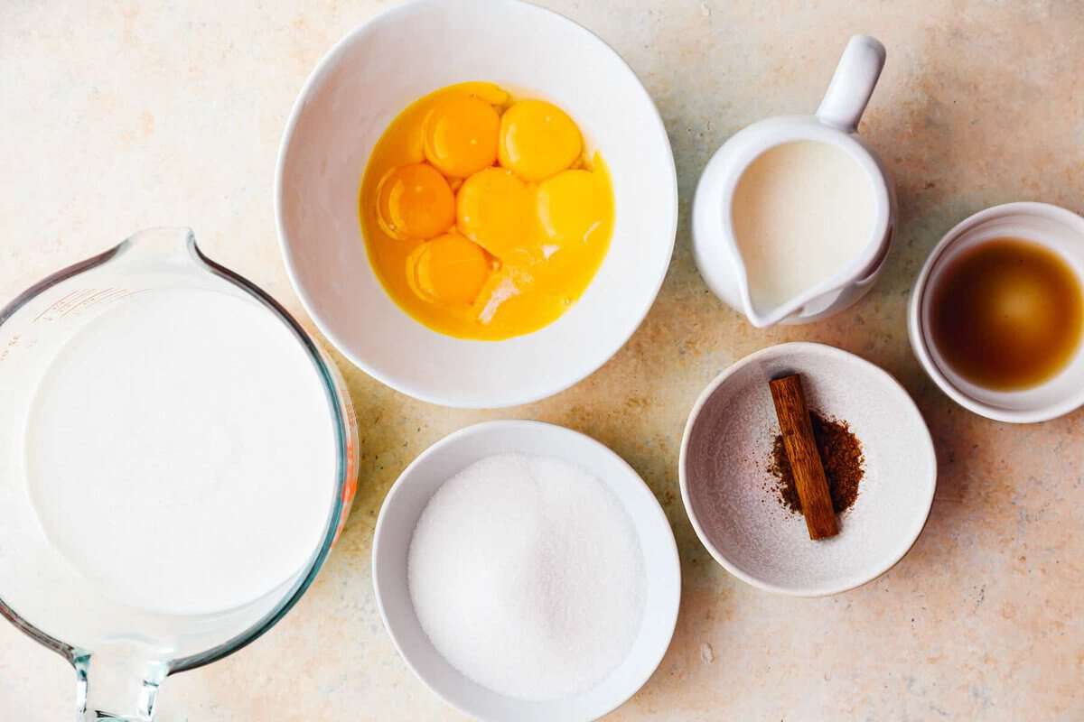 overhead view of ingredients for crockpot eggnog.