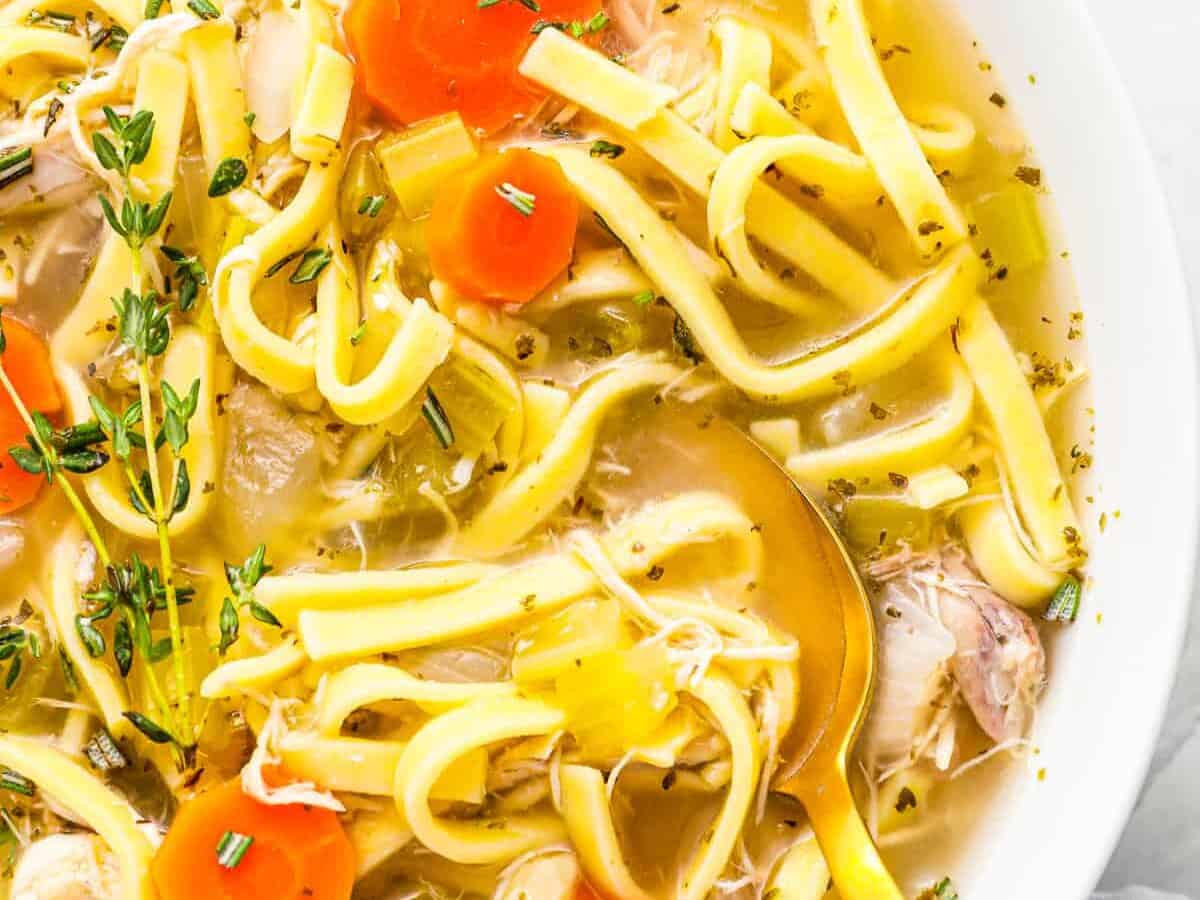 close up on a bowl of turkey noodle soup with carrots.