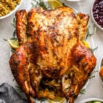 overhead view of mayonnaise roasted turkey.