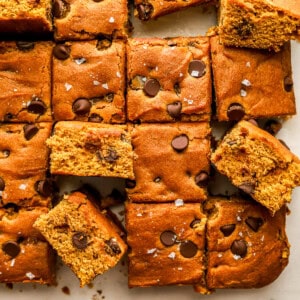 overhead view of cut pumpkin cookie bars.