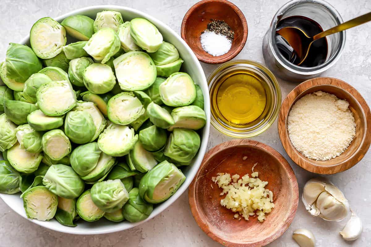 ingredients for garlic parmesan brussels sprouts.