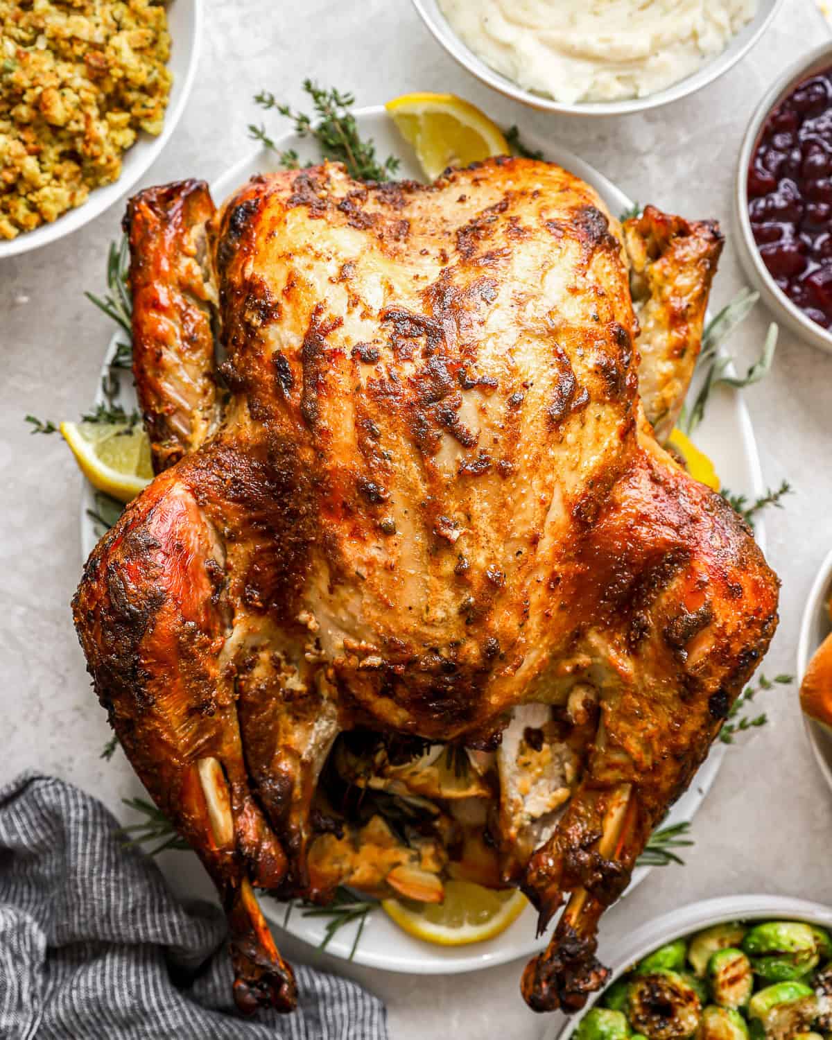 overhead view of mayonnaise roasted turkey.