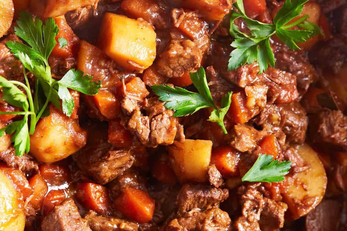 Beef stew filled with potatoes, carrots, and a red wine sauce.