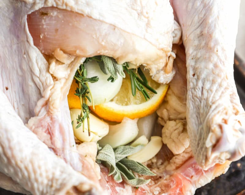 closeup of a turkey cavity stuffed with lemon slices, herbs, onions, and garlic cloves.