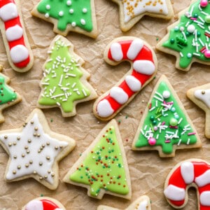 overhead view of frosted christmas cutout cookies.