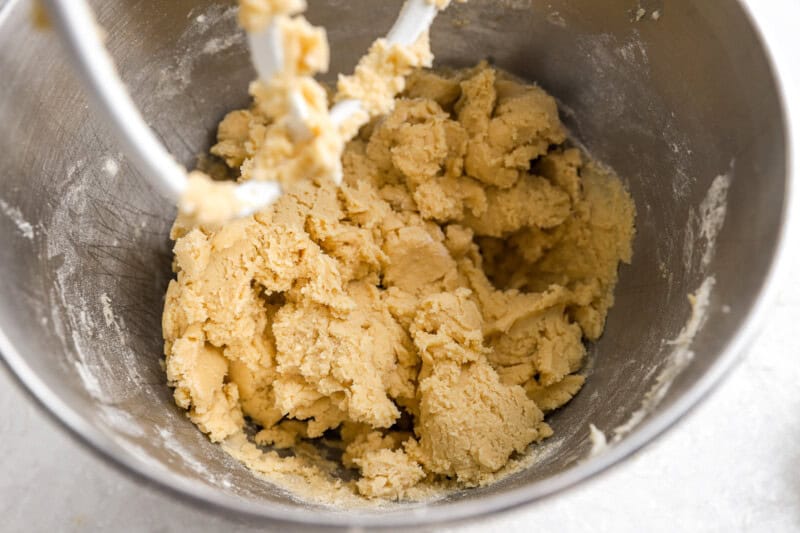 cookie dough in a stand mixer bowl.