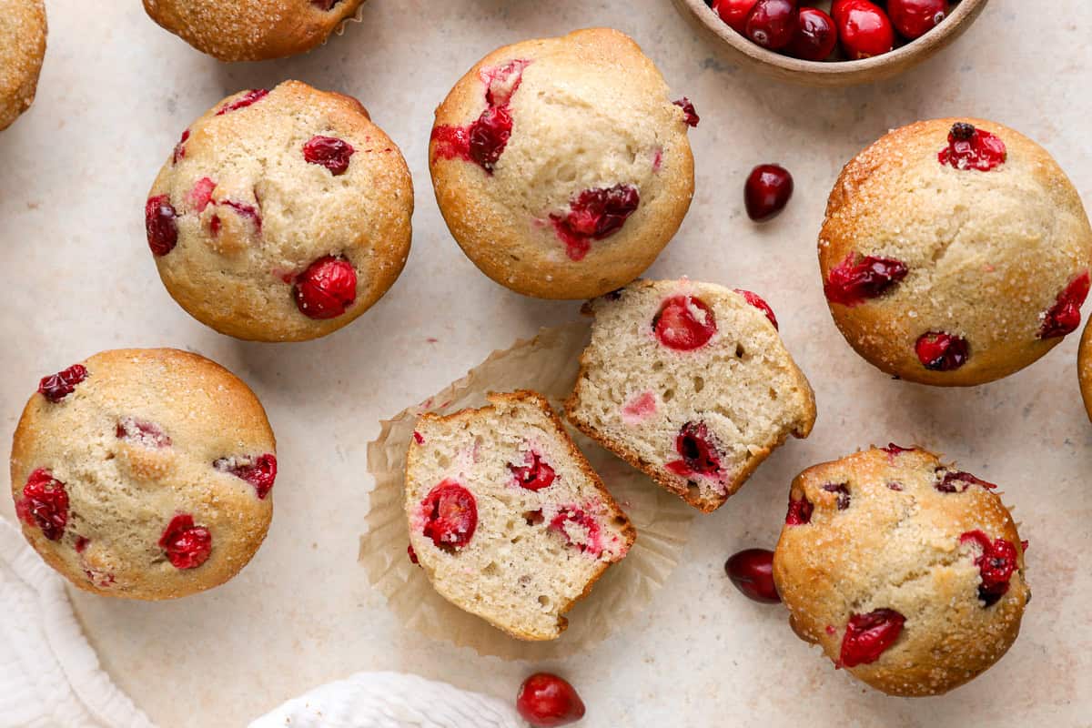 closeup view of a halved cranberry muffin.