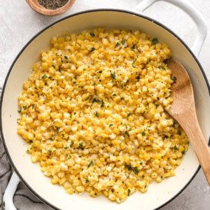 overhead view of honey butter skillet corn in a pan.